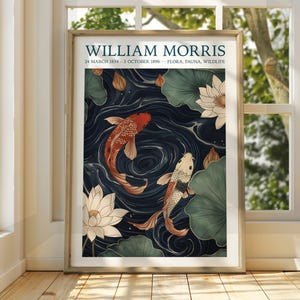 Póster de mar al estilo de William Morris - Póster de exposición - Impresión de galería - Arte mural de William Morris - Arte de póster oceánico - Arte floral - Impresión de koi