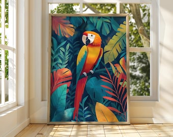 Tropischer Papagei Kunstdruck: Bunte Vogel Illustration, Helles Wohndekor