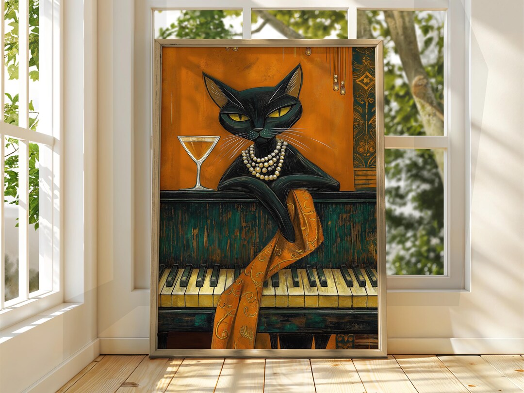 Black Cat With Wine Art Print: Funny Piano Poster - Etsy