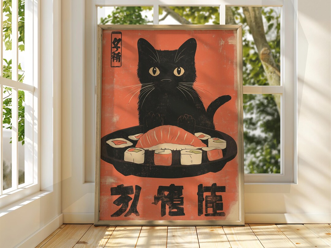 Vintage Japanese Cat Sushi Poster – Funny Animal Wall Art - Etsy