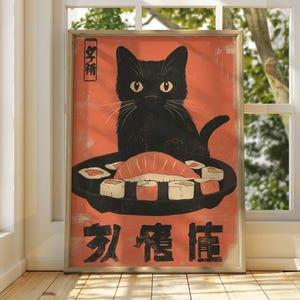 Gatto con Sushi Art - Arte murale giapponese vintage - Poster di animali con gatti - Stampa di animali divertenti - Arte murale giapponese - Poster di sushi - Arte murale con gatti