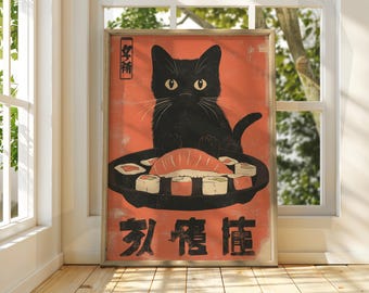 Cat with Sushi Art - Vintage Japanese Wall Art - Cat Animal Poster - Funny Animal Print - Japanese Wall Art - Sushi Poster - Cat Wall Art