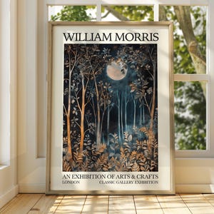 William Morris Style Full Moon Forest Poster - Ausstellungsposter - Galeriedruck - William Morris Wandkunst - Poster Kunst - Bäume Sterne Mond