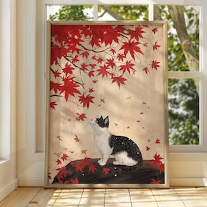 Katze unter Herbstlaub Kunst - Vintage Japanische Wandkunst - Katze Tier Poster - Lustiger Tierdruck - Japanische Wandkunst - Katzenwandkunst Japan