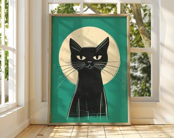 Black Cat Moon Art Print: Feline Illustration Poster