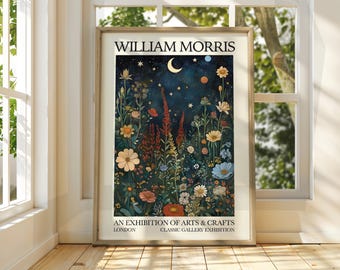 William Morris Style Full Moon Forest Poster - Exhibition Poster - Gallery Print - William Morris Wall Art - Poster Art - Trees Stars Moon