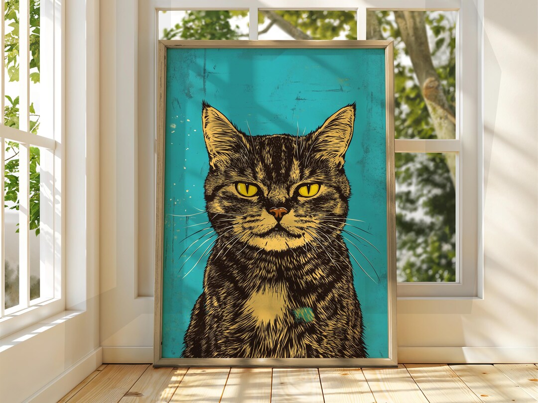 青いアートポスターに黄色い猫 - 猫のイラストプリント - Etsy 日本