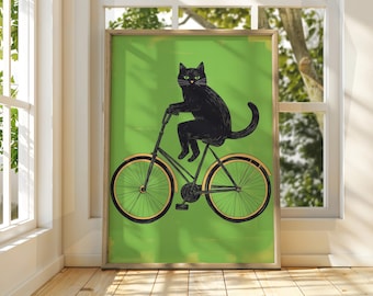 Schwarze Katze auf Fahrrad Kunstdruck