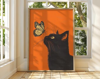 Black Cat Butterfly Art Print: Whimsical Feline Wall Decor
