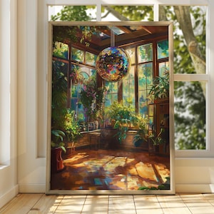 Póster de bola de discoteca de arcoíris en invernadero - Impresión de bola de discoteca - Impresión floral - Arte retro funky con plantas de interior - Interior de los años 70 - Estética cálida