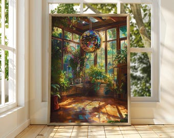 Disco Ball Conservatory Print: Retro Houseplant Art
