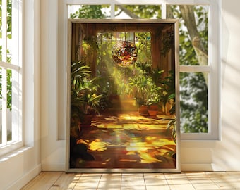 Golden Disco Ball Conservatory Print: Retro Houseplant Art