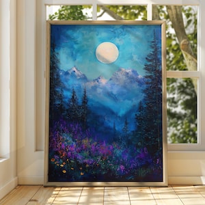 Nighttime Forest Poster - Oil Painting Print - Flowers Trees Moon Witch Whimsical Art - Enchanted Art - Cottagecore Woodland Night Time Dark