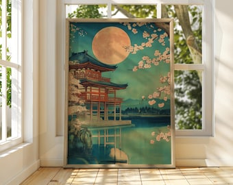 Impression d'Utagawa Kuniyoshi : affiche d'art vintage de temple japonais