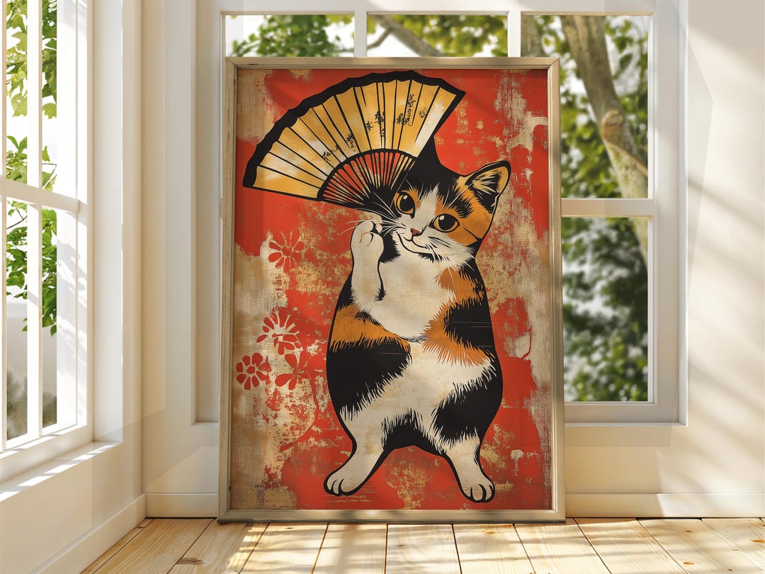 Vintage Japanese Cat Art Print - Funny Calico Kitten With Fan - Etsy