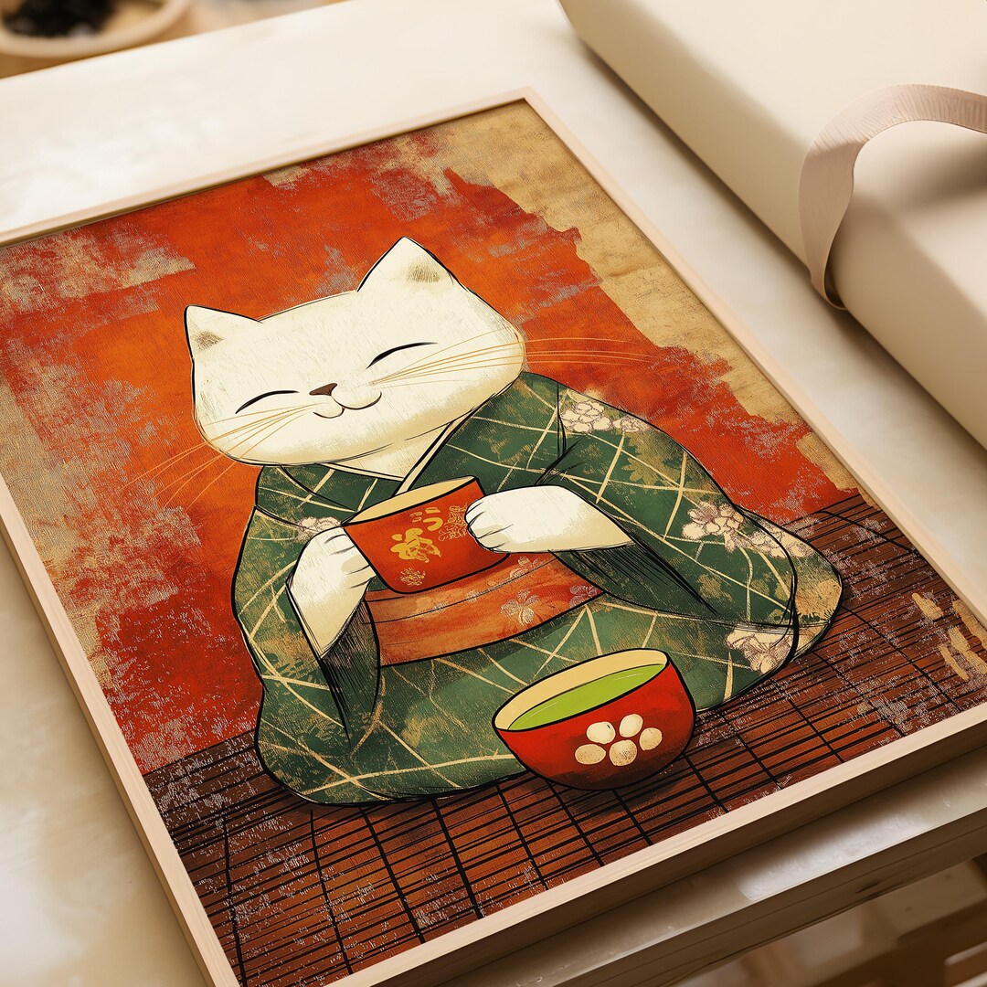 Vintage Japanese Cat Tea Poster: Funny Animal Wall Art - Etsy