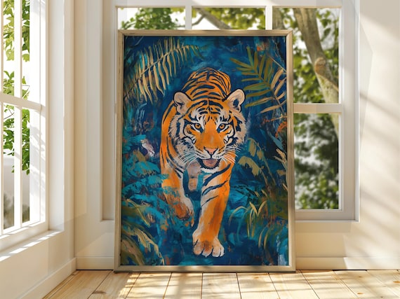 ウォーキングタイガーアートプリント：明るい動物のイラスト - Etsy 日本