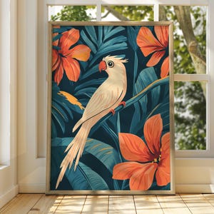 Póster de aves tropicales - Arte mural de aves - Ilustración de animales - Arte floral - Póster de animales - Decoración luminosa para el hogar - Impresión de aves - Arte tropical