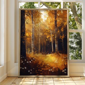 Herbstwald Weg Poster - Ölgemälde Kunstdruck - Verzauberte Wald Wandkunst - Warme Sommer Landschaft Wandkunst - Natur Hell Wohnkultur