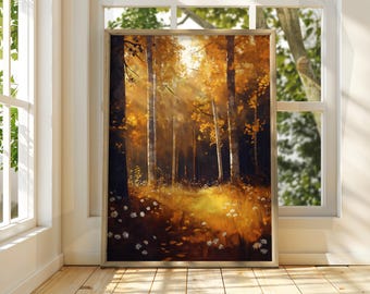 Könnte beinhalten: Ein Gemälde, das eine Waldszene mit hohen Bäumen und goldenen Blättern zeigt. Die Sonne scheint durch die Bäume und erzeugt eine warme, einladende Atmosphäre. Der Waldboden ist mit abgefallenen Blättern und Wildblumen bedeckt.