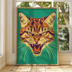 Poster di gatto verde arrabbiato - Arte murale di gatti - Illustrazione di gatti - Arte murale divertente - Poster di animali - Decorazione murale felina - Arte di gatti neri - Animale domestico