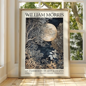 William Morris Style Full Moon Forest Poster - Ausstellungsposter - Galeriedruck - William Morris Wandkunst - Poster Kunst - Bäume Sterne Mond