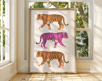 Impresión artística de tigre rosa: ilustración de animales de la selva