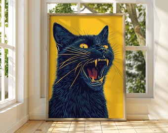 Angry Black Cat Art Poster: Feline Illustration Print
