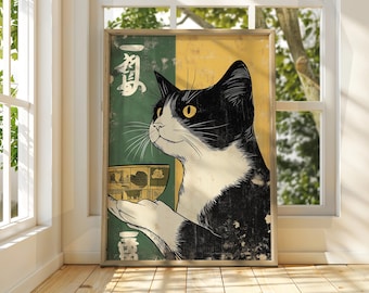 Vintage Japanese Cat Ramen Poster – Funny Animal Wall Art