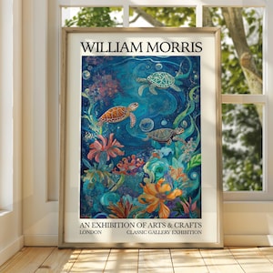 Póster marino estilo William Morris - Póster de exposición - Impresión de galería - Arte mural de William Morris - Póster oceánico - Arte floral - Impresión de tortuga