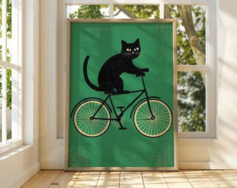 Schwarze Katze auf Fahrrad Kunstdruck