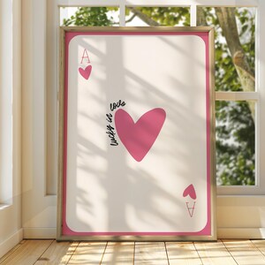 Póster Lucky Love Ace of Hearts - Arte mural con naipes - Decoración retro de moda - Arte estético boho chic - Arte de afirmación con cita motivacional