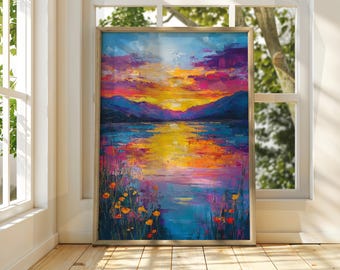 Colorful Sunset Lake Art Print: Dreamy Landscape Poster