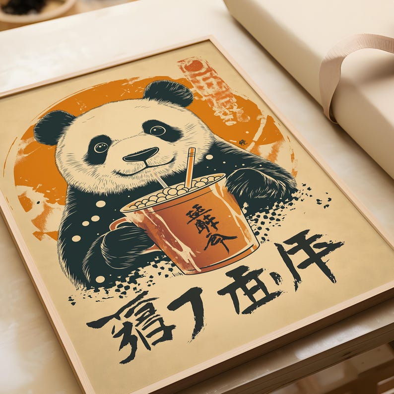 Panda Boba Tea Art Print - Vintage Japanese Animal Poster - Etsy