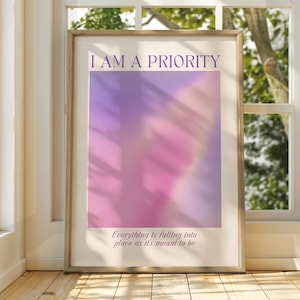 Póster "Soy una prioridad" - Arte mural de afirmación positiva - Decoración espiritual - Arte de manifestación boho chic - Arte de buenas vibras - Arte mural pastel