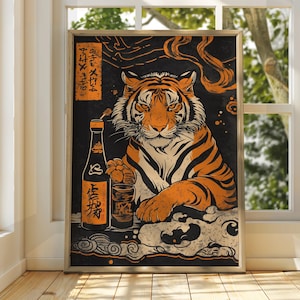 Tiger mit Soju Kunst - Vintage Japanische Wandkunst - Tier Poster Kunst - Lustiger Tierdruck - Japanische Wandkunst - Tiger Druck - Sake Poster Katze