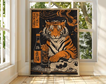 Tiger with Soju Art - Vintage Japanese Wall Art - Animal Poster Art - Funny Animal Print - Japanese Wall Art - Tiger Print - Sake Poster Cat