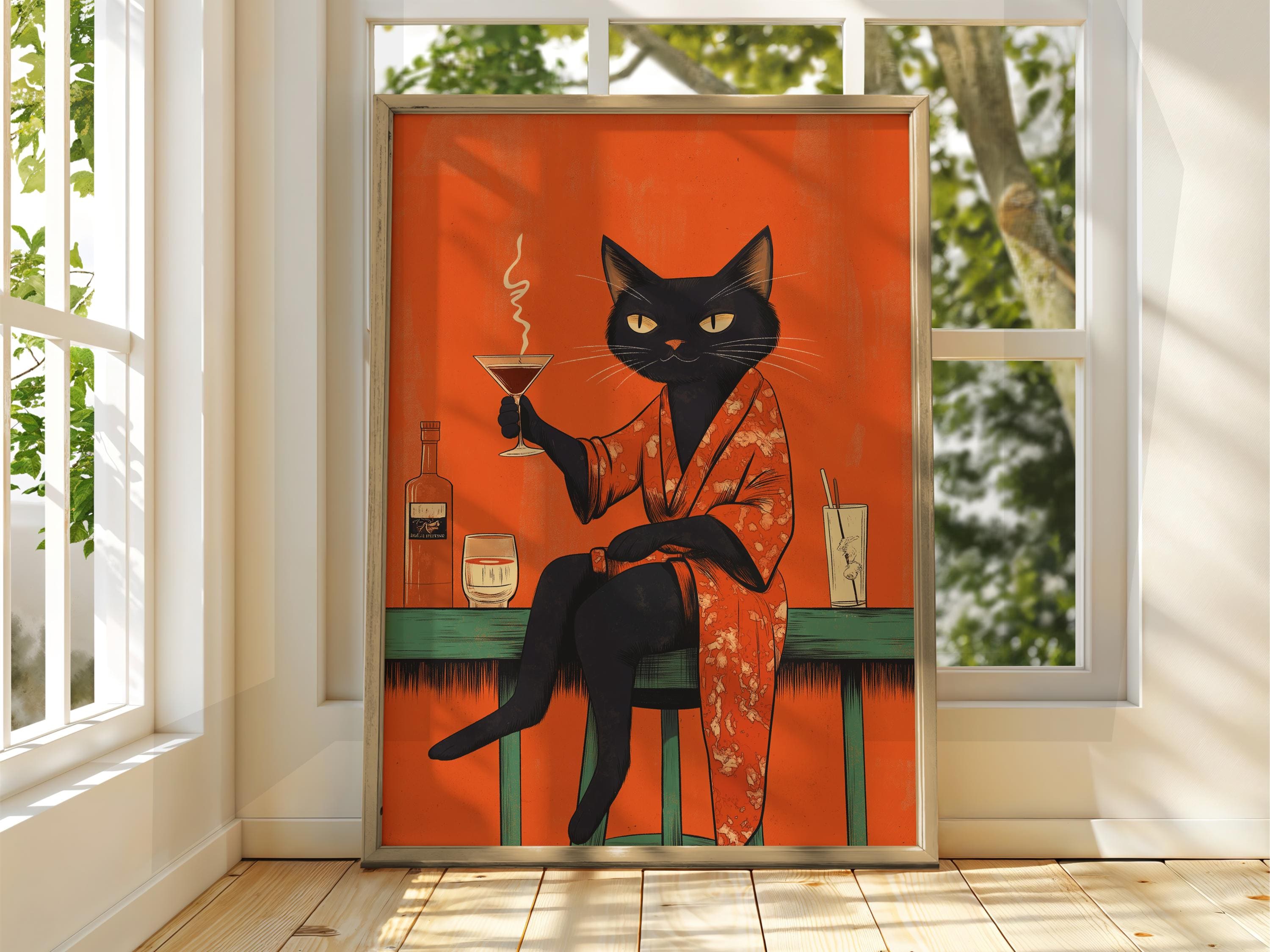 Black Cat Drinking Wine Art Print: Funny Animal Poster - Etsy