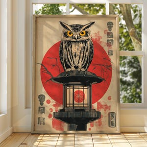 Owl on Lantern Art - Vintage Japanese Wall Art - Animal Poster - Funny Animal Print - Japanese Wall Art - Japanese Art Poster - Owl Wall Art