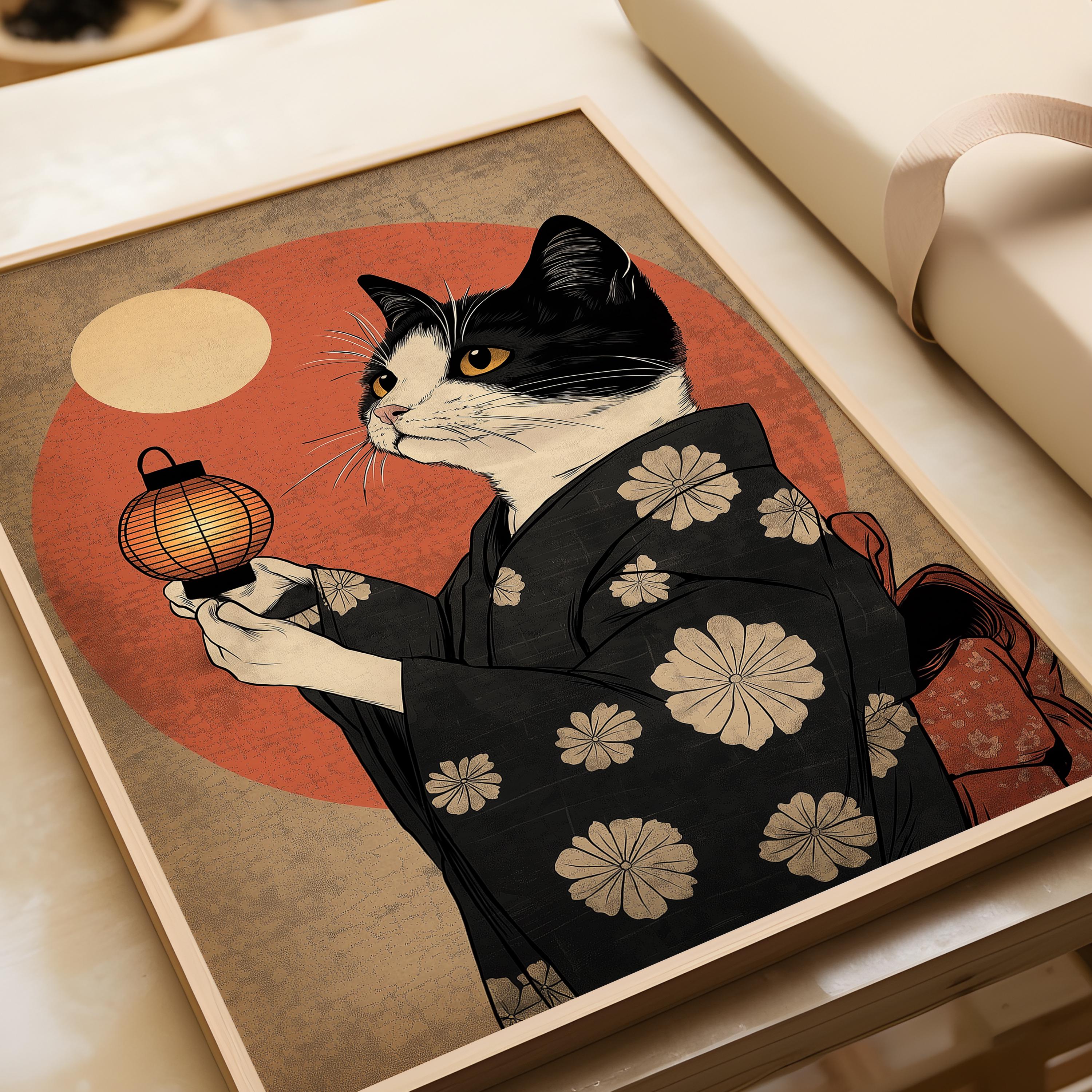 Japanese Cat Art Print - Kimono Cat With Lantern Poster - Etsy