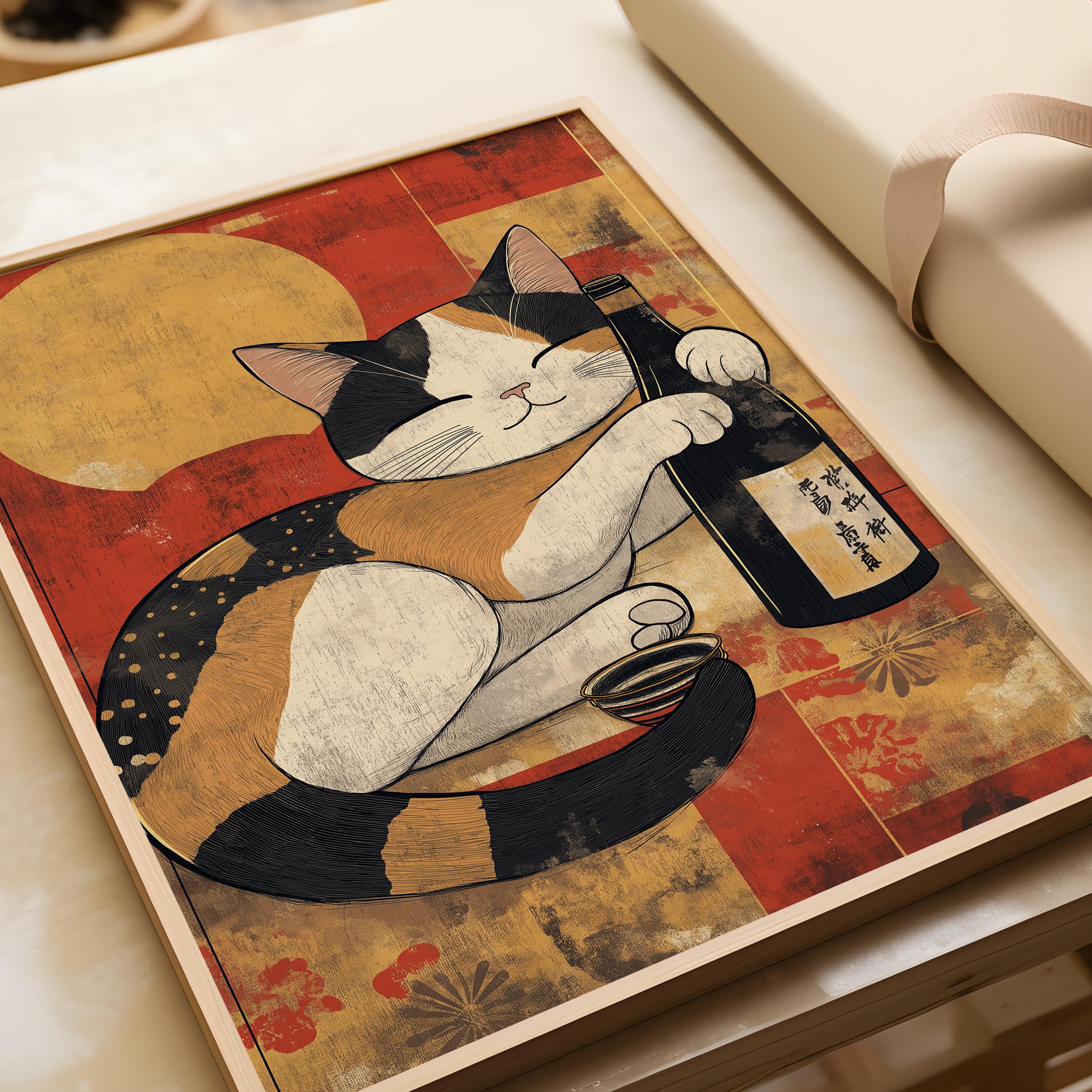 Vintage Japanese Cat Soju Poster - Funny Animal Wall Art - Etsy