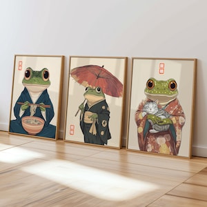 3er Set Japanische Vintage Frosch Kunst - Matsumoto Hoji Wandkunst - Tier Poster - Lustiger Tierdruck - Japanische Wandkunst - Frosch Poster - Japan
