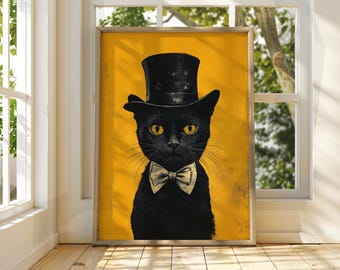 シルクハットをかぶった黒猫のアートプリント：猫の壁飾り - Etsy 日本