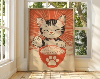 Cat with Rice Vintage Japanese Art Poster – Funny Animal Print