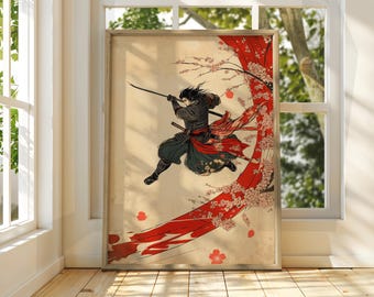 Samurai Ukiyo-e Poster: Japanese Art Print, Cherry Blossom Art