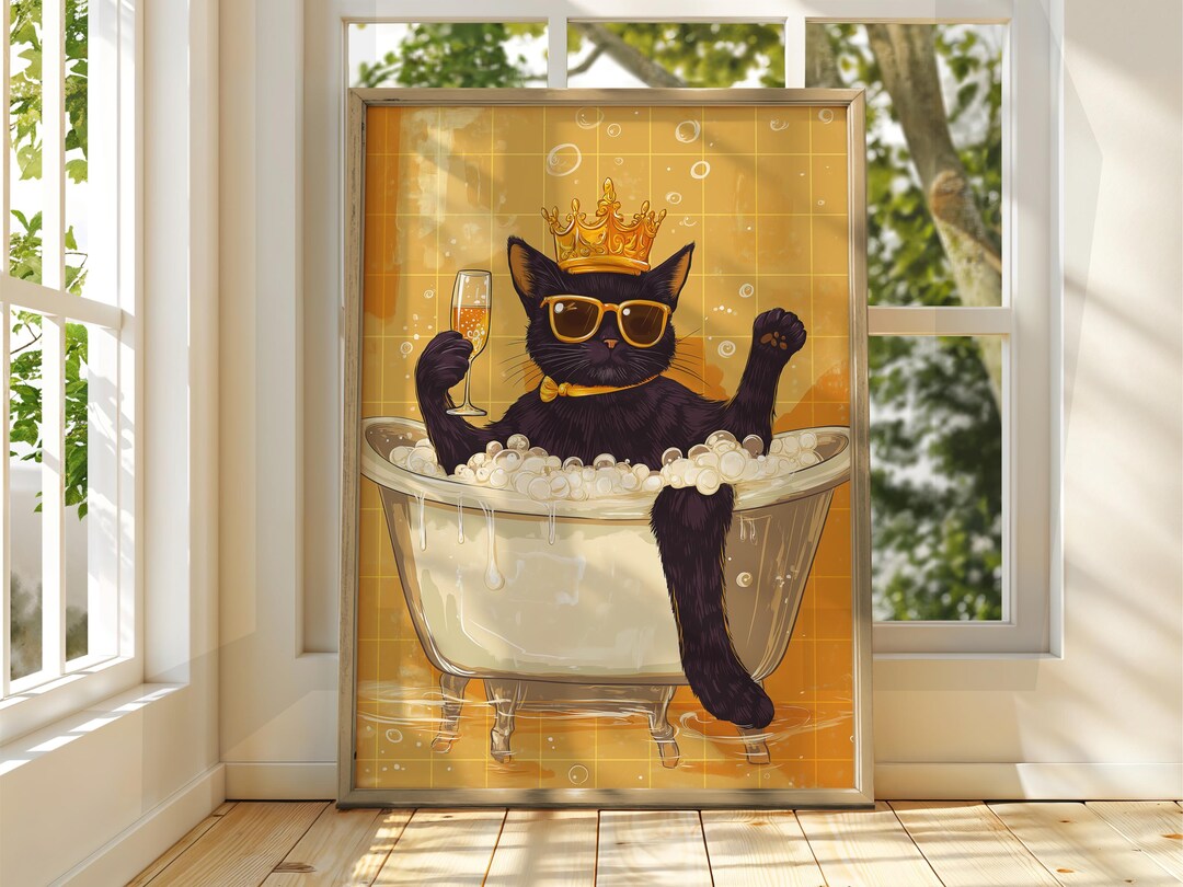 Cat With Wine Art Print: Funny Bathroom Animal Poster - Etsy