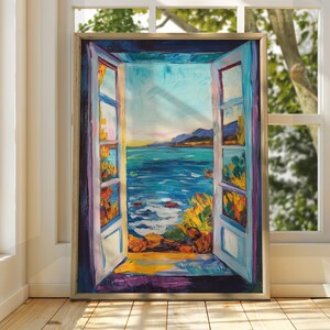 Puede incluir: Una pintura de una ventana con vista a un océano azul y una costa. La ventana está abierta y el océano es visible a través de la ventana abierta. La pintura está hecha en un estilo colorido con azules, verdes y amarillos brillantes.