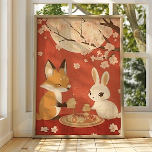 Rabbit and Fox Tea Art - Vintage Japanese Wall Art - Animal Poster - Funny Animal Print - Japanese Wall Art - Fox Poster - Rabbit Wall Art