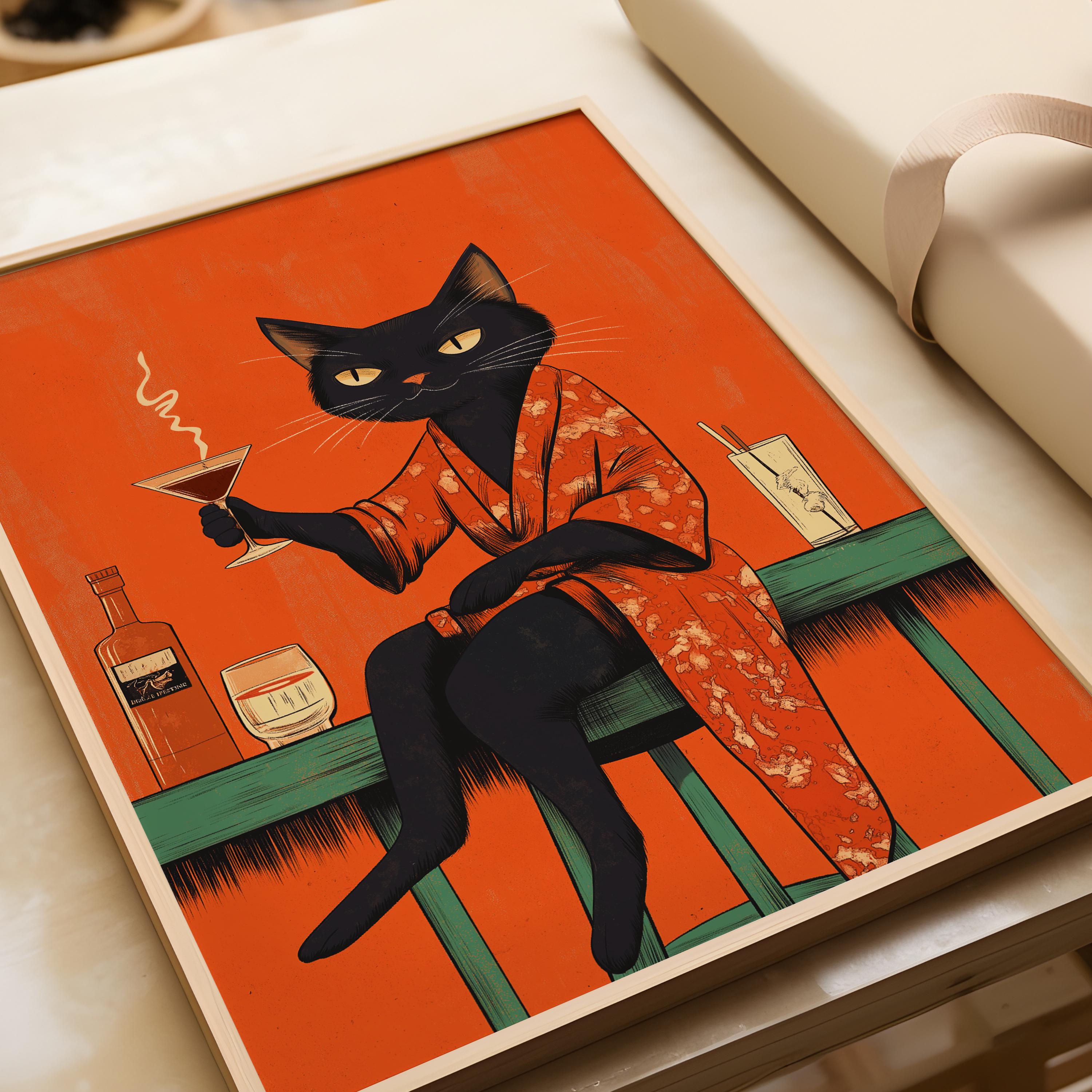 Black Cat Drinking Wine Art Print: Funny Animal Poster - Etsy