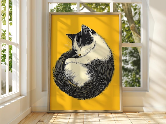 丸まった猫のアートプリント：モダンな猫のイラスト - Etsy 日本